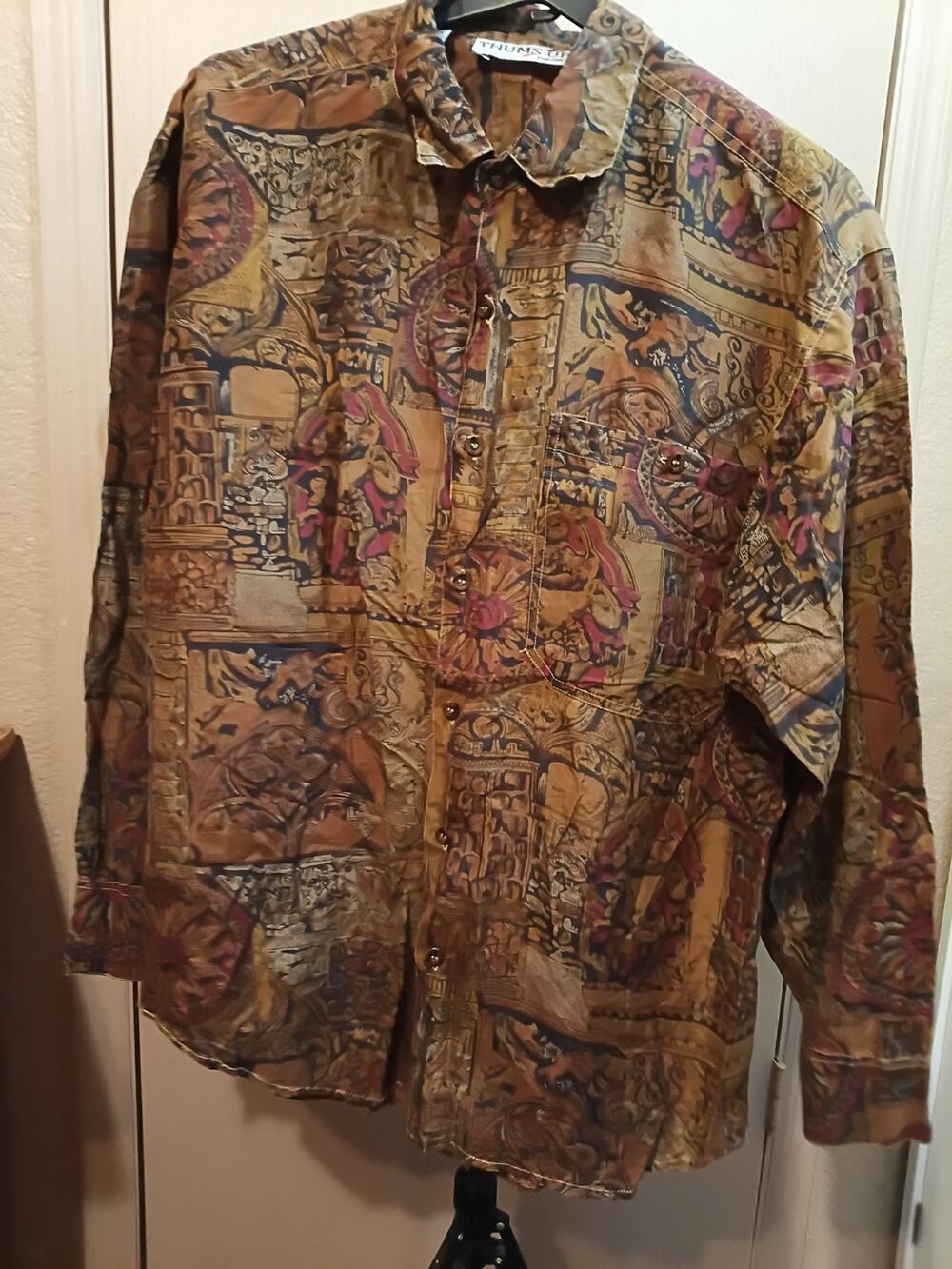 Vintage Thumbs Up 100% Silk Shirt M/XL Greek Roman Mythology Tapestry Print 90s